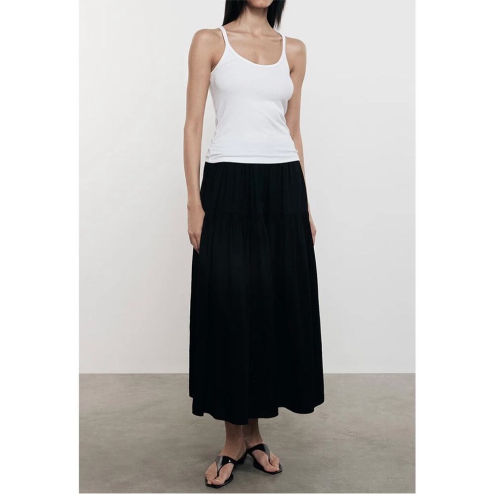 NWOT Enza Costa Black Midi Skirt with pockets tiered prairie size 1 or medium